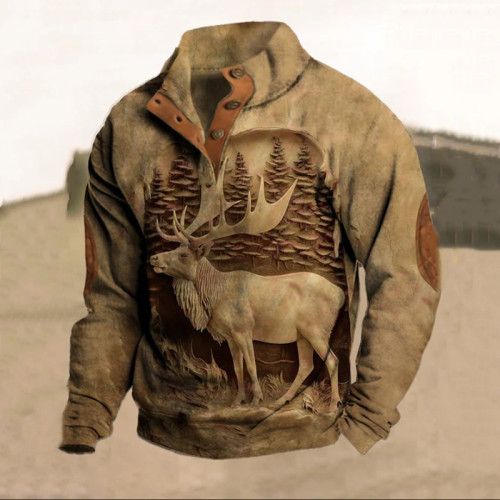 Men's Vintage Elk Standing Neck Sweatshirt