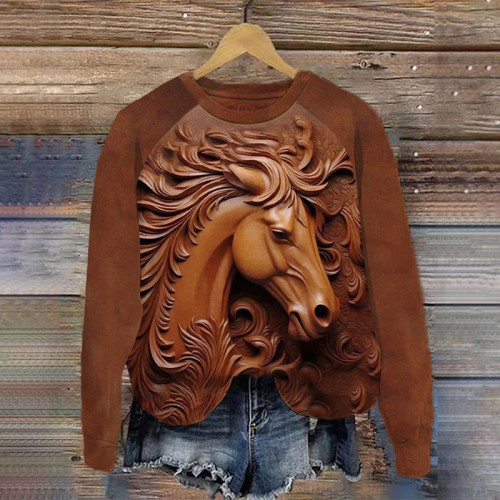 Western Horse Print Casual Round Neck Sweatshirt