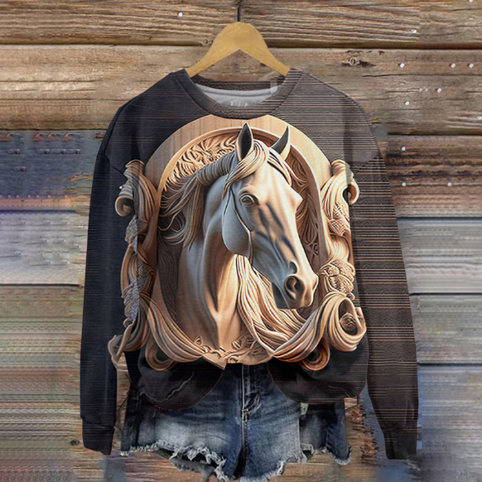 Vintage 3D Horse Print Long Sleeve Sweatshirt