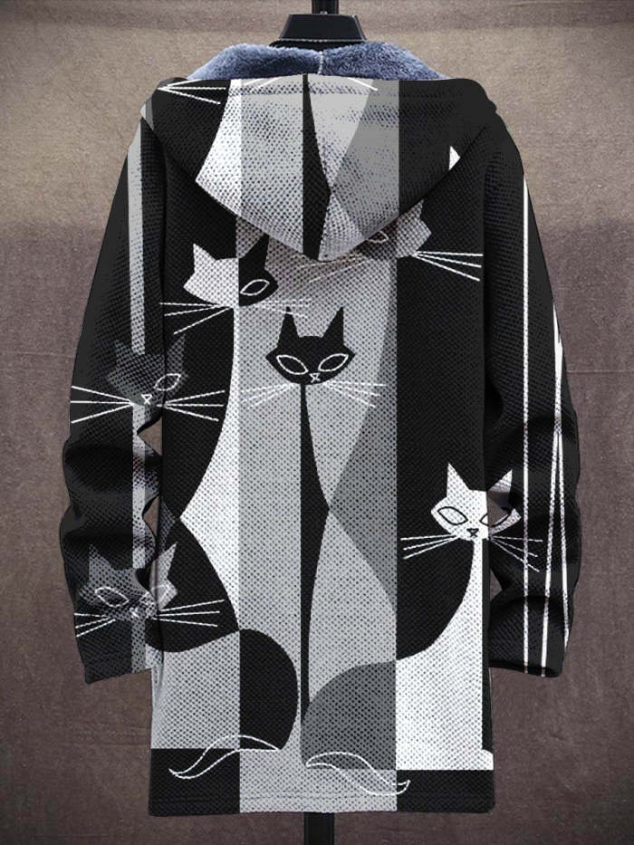 Men's Art Black And White Cat Fashion Gradient Plush Thick Long-Sleeved Sweater Coat Cardigan