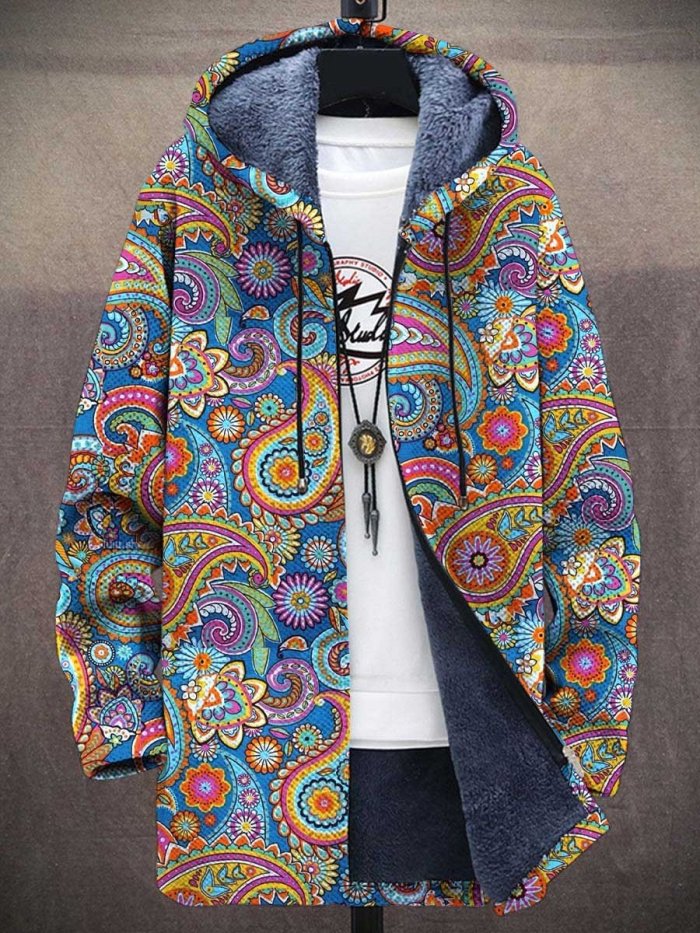 Men's Retro Paisley Art Print Plush Thick Long-Sleeved Sweater Coat Cardigan