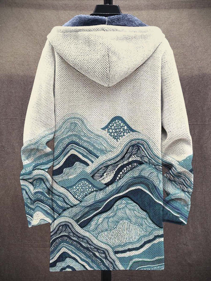 Men's Watercolor Art Mountain Long-Sleeved Fleece Sweater Coat Cardigan