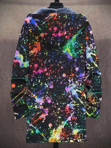 Men's Retro Color Spray Art Print Plush Thick Long-Sleeved Sweater Coat Cardigan