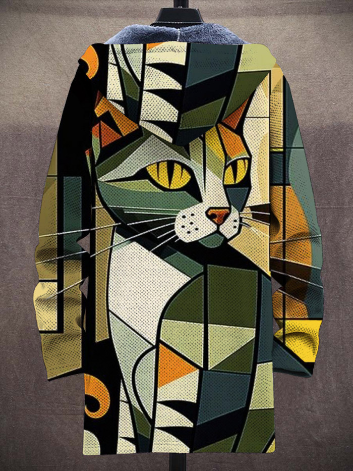 Unisex Abstract Geometric Cat Art Pattern Plush Thick Long-Sleeved Sweater Cardigan Coat