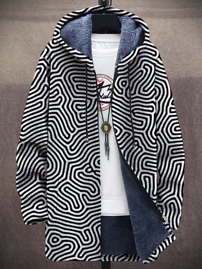 Unisex Black and White Line Art Plush Thick Long-Sleeved Sweater Coat Cardigan