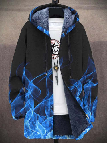 Men's Flame Art Print Plush Thick Long-Sleeved Sweater Coat Cardigan