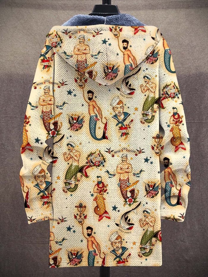 Men's Art Mermaid Print Plush Thick Loose Long-Sleeved Coat Cardigan