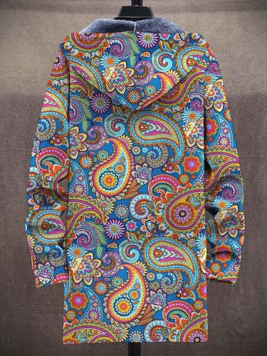 Men's Retro Paisley Art Print Plush Thick Long-Sleeved Sweater Coat Cardigan
