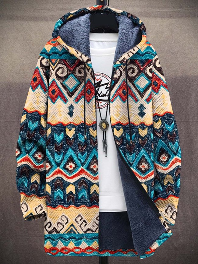 Unisex Plush Ethnic Pattern Abstract Art Thick Long-Sleeved Sweater Coat Cardigan