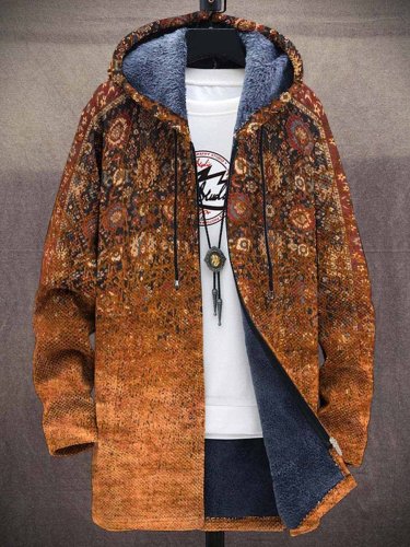 Men's Retro Print Plush Thick Long-Sleeved Coat Cardigan