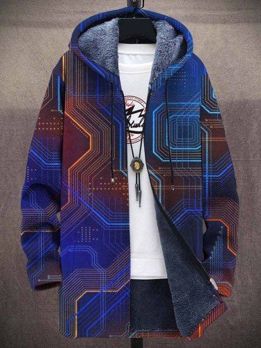 Men's Retro Waves Art Print Plush Thick Long-Sleeved Sweater Coat Cardigan