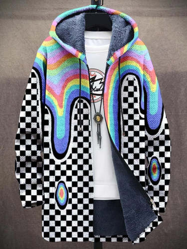 Men's Rainbow Checkerboard Simple Plush Thick Loose Long-Sleeved Coat Cardigan