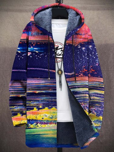 Unisex Retro Abstract Gradient Color Brush Art Pattern Plush Thick Long-Sleeved Sweater Coat Cardigan