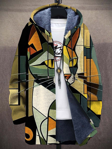 Unisex Abstract Geometric Cat Art Pattern Plush Thick Long-Sleeved Sweater Cardigan Coat