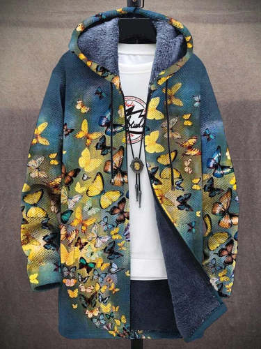 Unisex Vintage Butterfly Art Print Plush Thick Long-Sleeved Sweater Coat Cardigan