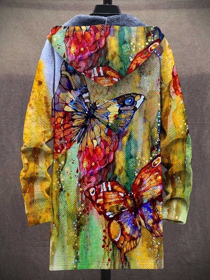 Unisex Vintage Butterfly Art Print Plush Thick Long-Sleeved Sweater Coat Cardigan