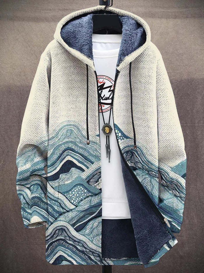 Men's Watercolor Art Mountain Long-Sleeved Fleece Sweater Coat Cardigan