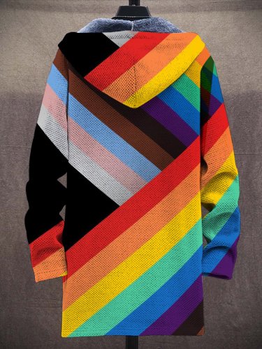 Unisex Plush Rainbow Pride Art Casual Print Thick Long-Sleeved Sweater Coat Cardigan
