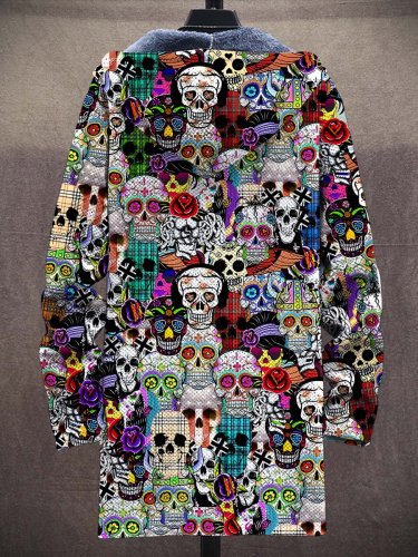 Unisex Skull Art Plush Thick Long-Sleeved Sweater Coat Cardigan