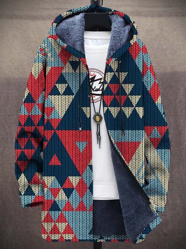 Unisex Retro Ethnic Geometric Art Pattern Plush Thick Long-Sleeved Sweater Coat Cardigan