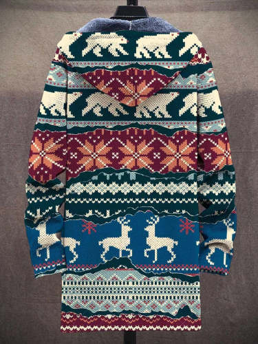 Men's Christmas Art Print Plush Thick Long-Sleeved Sweater Coat Cardigan