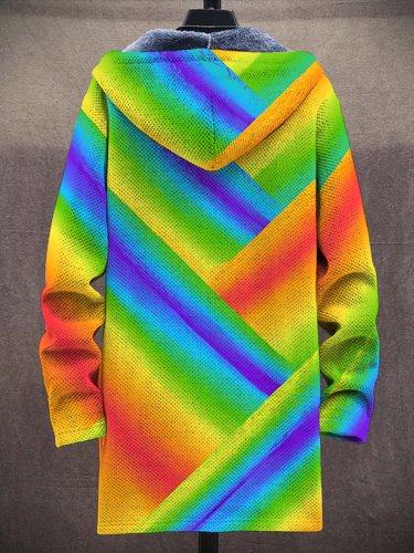 Unisex Plush Thick Rainbow Gradient Print Art Long-Sleeved Sweater Coat Cardigan