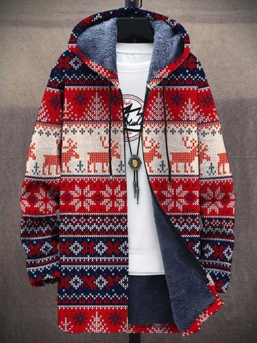 Men's Christmas Art Print Plush Thick Long-Sleeved Sweater Coat Cardigan