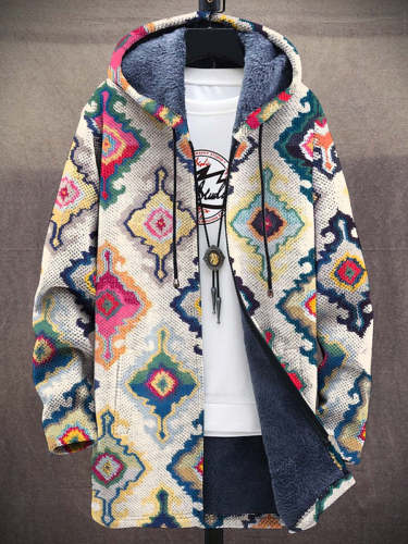 Unisex Plush Ethnic Pattern Art MulticolorThick Long-Sleeved Sweater Coat Cardigan