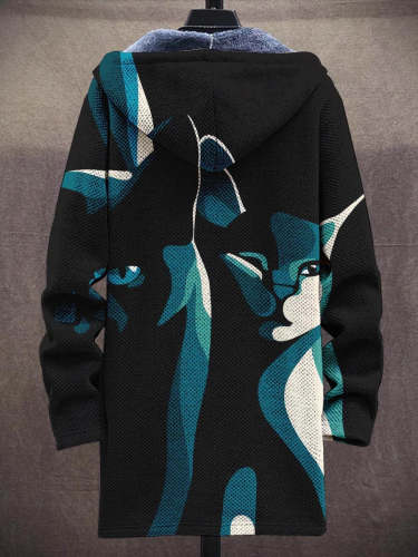 Men's Art Line Cat Fashion Gradient Plush Thick Long-Sleeved Sweater Coat Cardigan