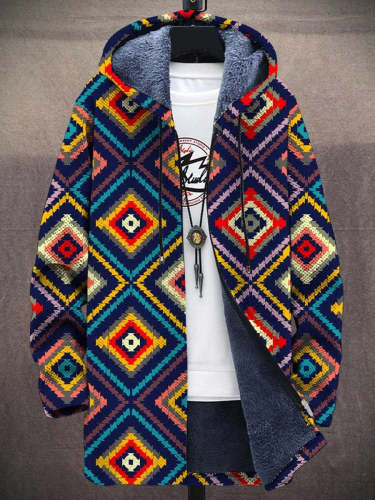 Men's Retro Geometry Art Print Plush Thick Long-Sleeved Sweater Coat Cardigan