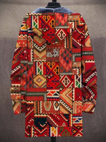 Unisex Retro Ethnic Geometric Art Pattern Plush Thick Long-Sleeved Sweater Coat Cardigan