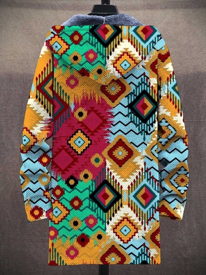 Men's Ethnic Tribe Art Print Plush Thick Long-Sleeved Sweater Coat Cardigan