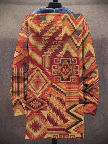 Unisex Retro Ethnic Geometric Art Pattern Plush Thick Long-Sleeved Sweater Coat Cardigan