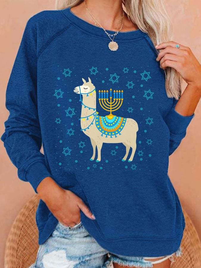 Women's Llama Hanukkah Print Casual Sweatshirt