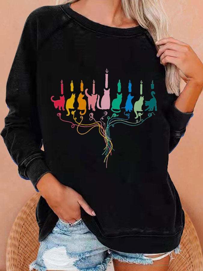 Women's Funny Cat Hanukkah Print Casual Sweatshirt