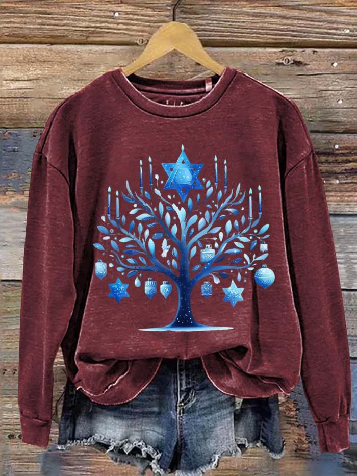 Blue Menorah Tree Happy Hanukkah Art Print Casual Sweatshirt