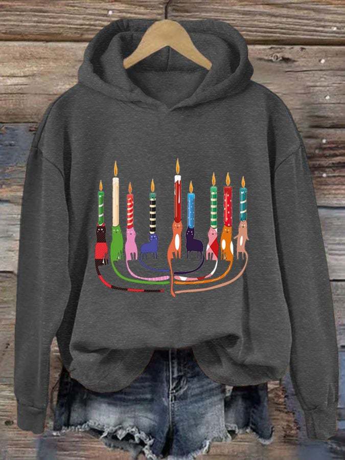 Women's Hanukkah Cat Menorah Print Hooded Sweatshirt