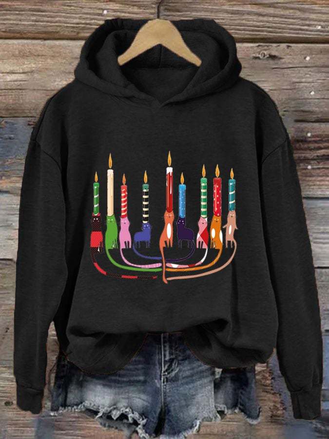 Women's Hanukkah Cat Menorah Print Hooded Sweatshirt