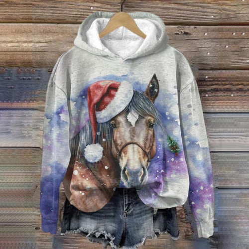 Christmas Horse Print Casual Hoodie