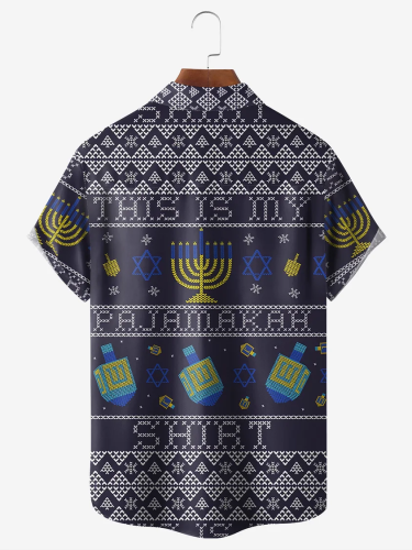 Hanukkah Chest Pocket Short Sleeve Hawaiian Shirt