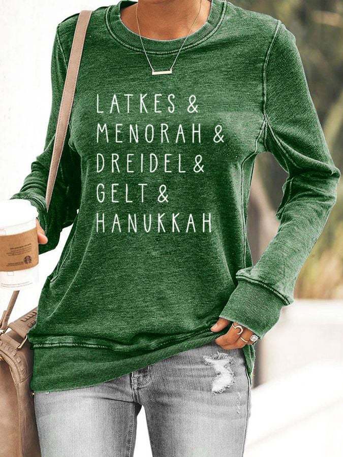 Women's Latkes Menorah Dreidel Hanukkah Print Casual Sweatshirt