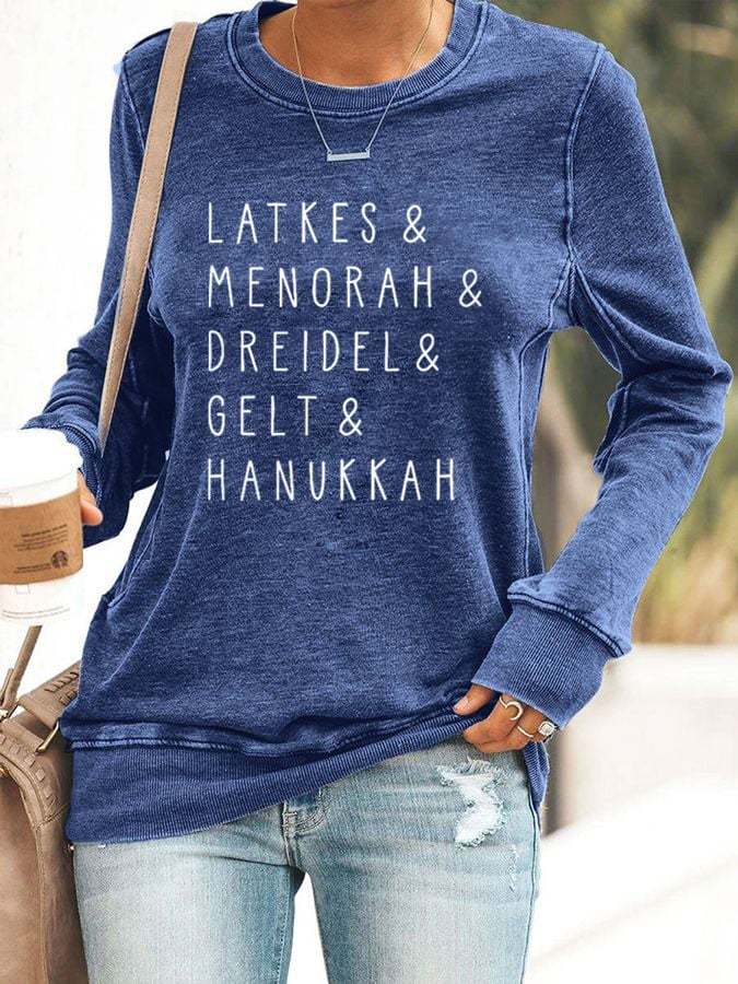 Women's Latkes Menorah Dreidel Hanukkah Print Casual Sweatshirt