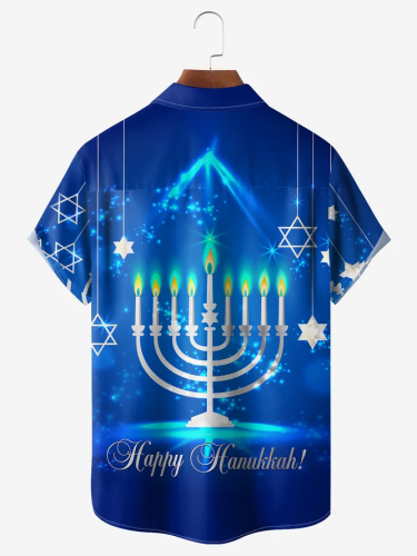 Hanukkah Shirt Chest Pocket Short Sleeve Hawaiian Shirt
