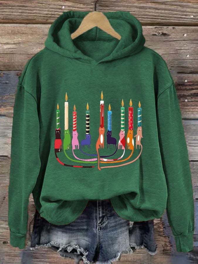 Women's Hanukkah Cat Menorah Print Hooded Sweatshirt