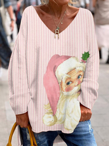 Pink Retro Santa Claus Printed V-neck Long-sleeved Top