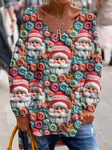 Women's Santa Print V-Neck Sweater