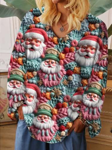 Women's Santa Print V-Neck Sweater