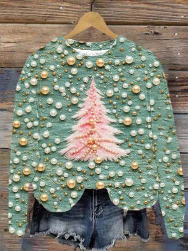 Women's Christmas tree pearl print sweatshirt