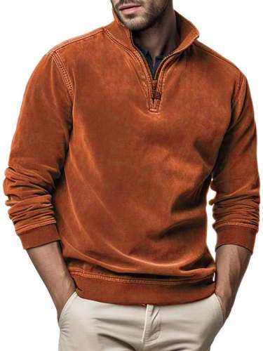 Men's Fashionable Long Sleeve Washed Zip Sweatshirt