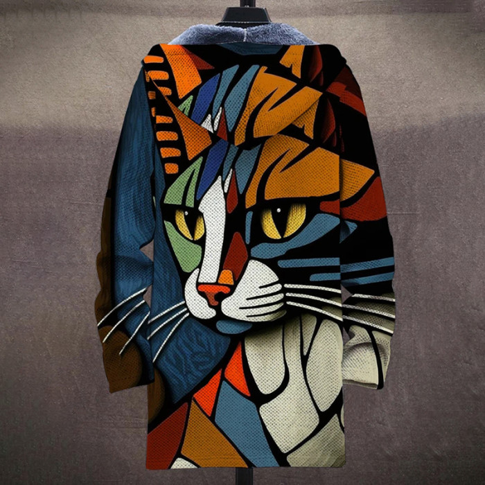 Abstract Art Cat Print Plush Long Sleeve Sweater Jacket Cardigan